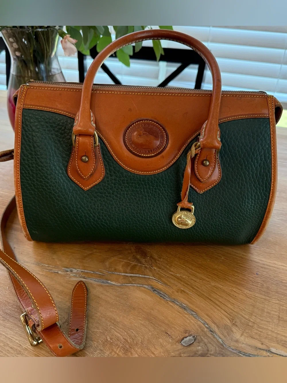 Vintage Dooney & Bourke Dark Green and Tan Leather Satchel - Picture 1 of 5